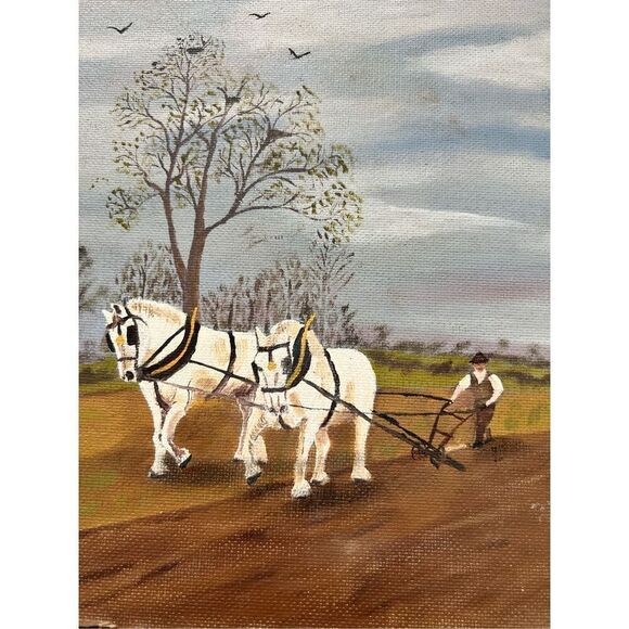 Vintage Oil Painting Farming With Horses" signed by C. Fermor - Picture 3 of 9